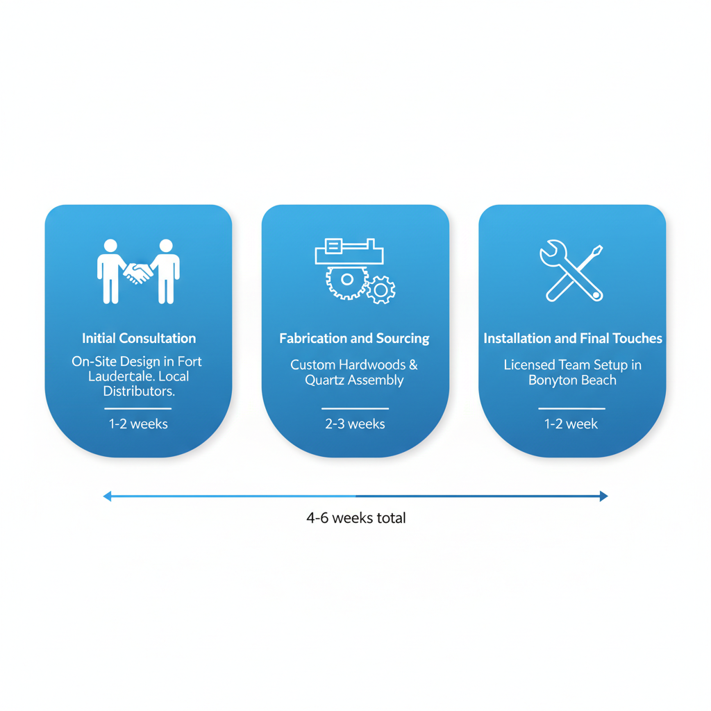 Horizontal process flow diagram illustrating three stages of custom cabinet projects in Broward County: consultation, fabrication, and installation.