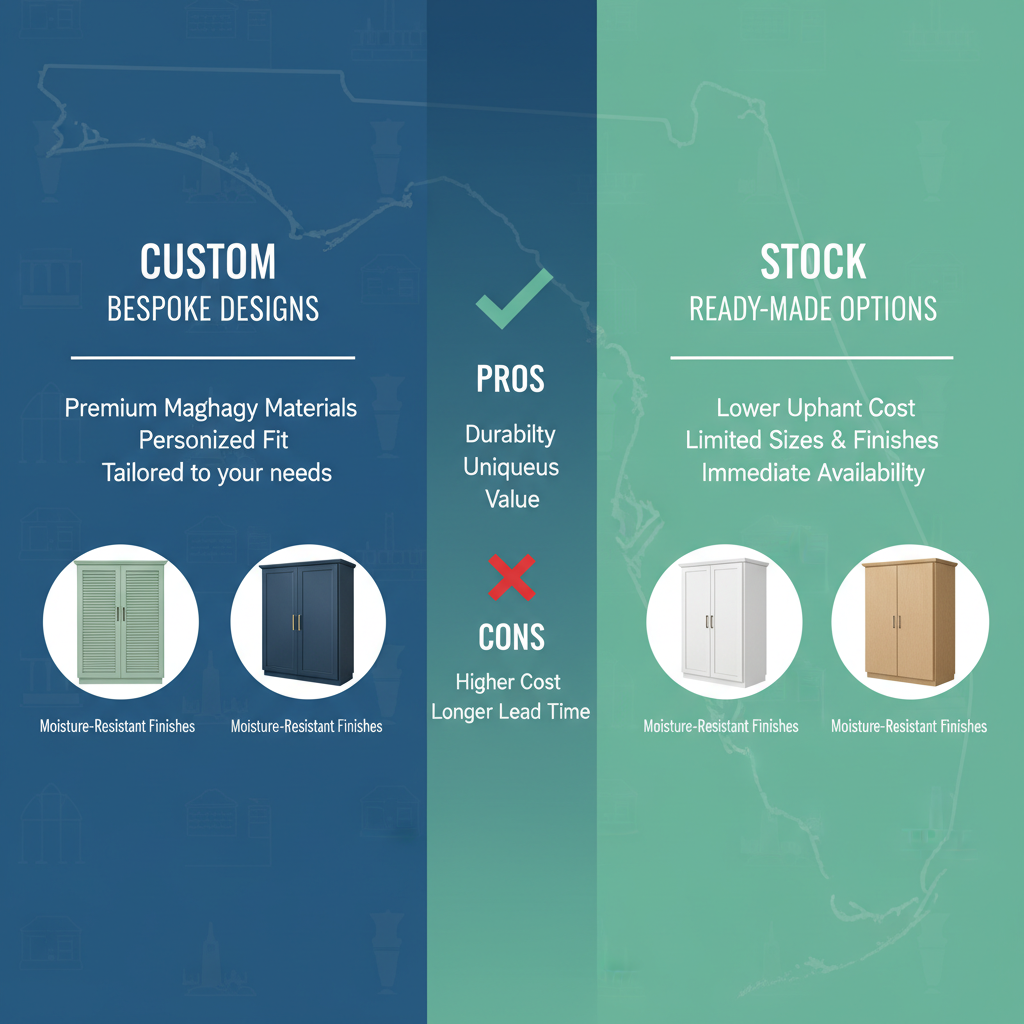 Infographic comparing custom and stock cabinetry options, featuring bespoke designs, premium materials, and adaptations for South Florida's humid climate