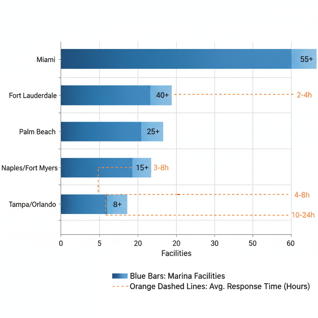 Horizontal bar chart comparing marina densities across South Florida areas for yacht window services