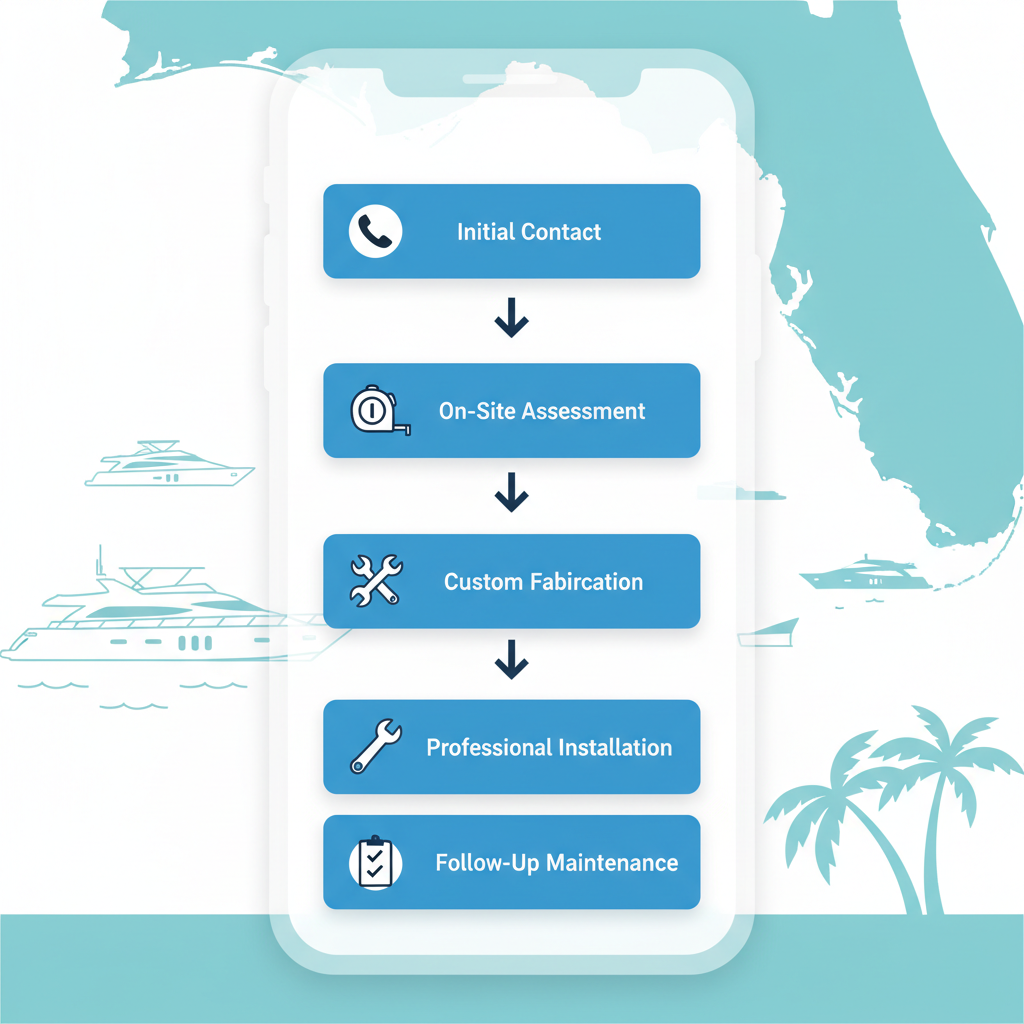 Vertical process flow diagram illustrating the five steps for scheduling yacht window services in Florida, featuring icons for each stage.