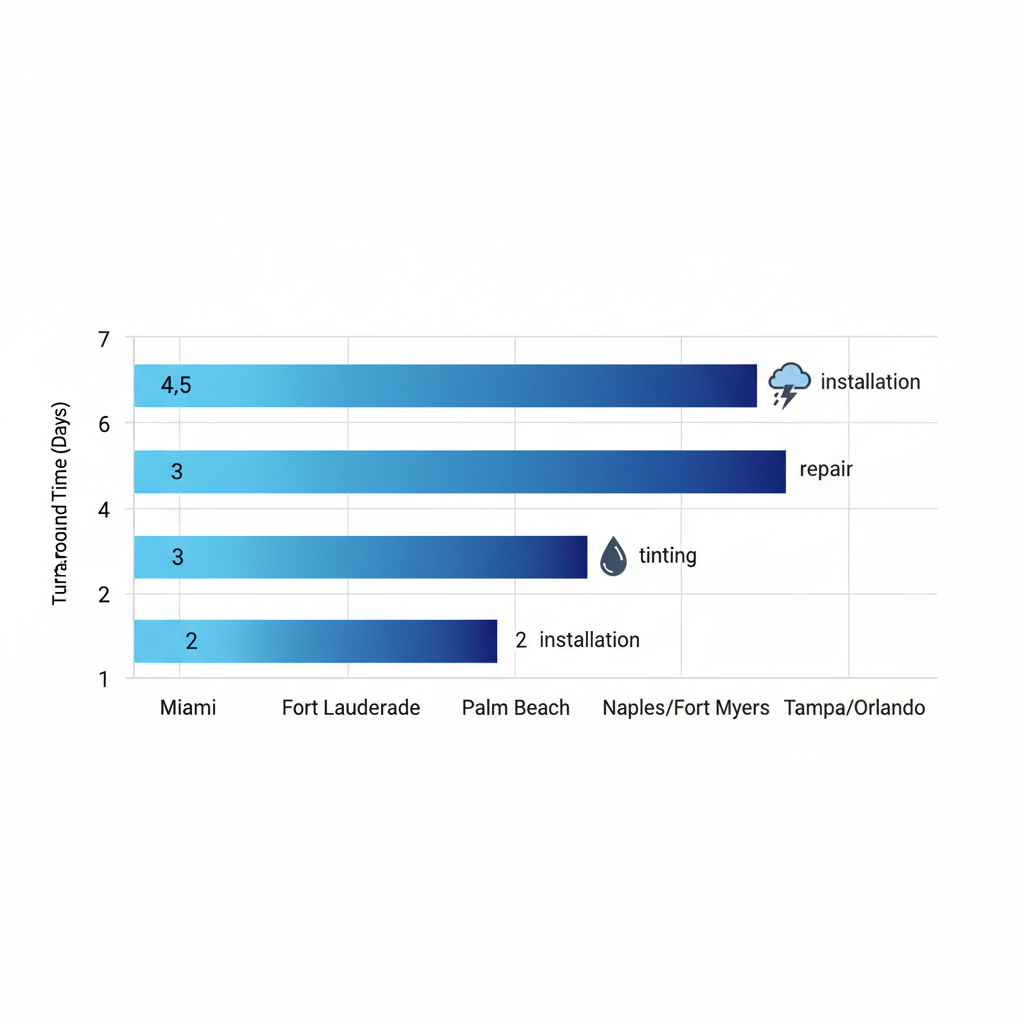 Bar chart comparing turnaround times for yacht window services in South Florida regions: Miami, Fort Lauderdale, Palm Beach, Naples/Fort Myers, and Tampa/Orlando