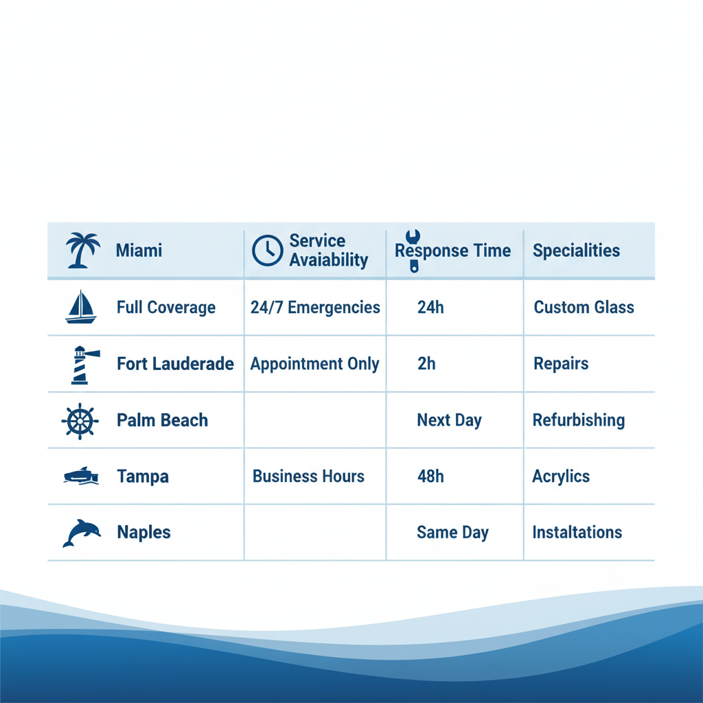 Infographic comparing yacht windshield services availability, response times, and specialties across Miami, Fort Lauderdale, Palm Beach, Tampa, and Naples in South Florida.