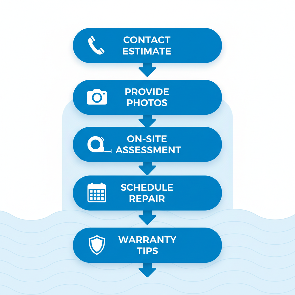 Vertical process flow diagram illustrating five steps to arrange yacht windshield services: contact for estimate, provide photos, on-site assessment, schedule repair, and receive warranty.
