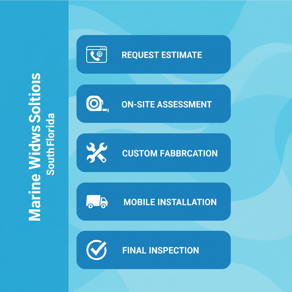 Vertical process flow diagram illustrating the five key steps for boat window replacement projects: requesting a free estimate, on-site assessment, custom fabrication, mobile installation, and final inspection.