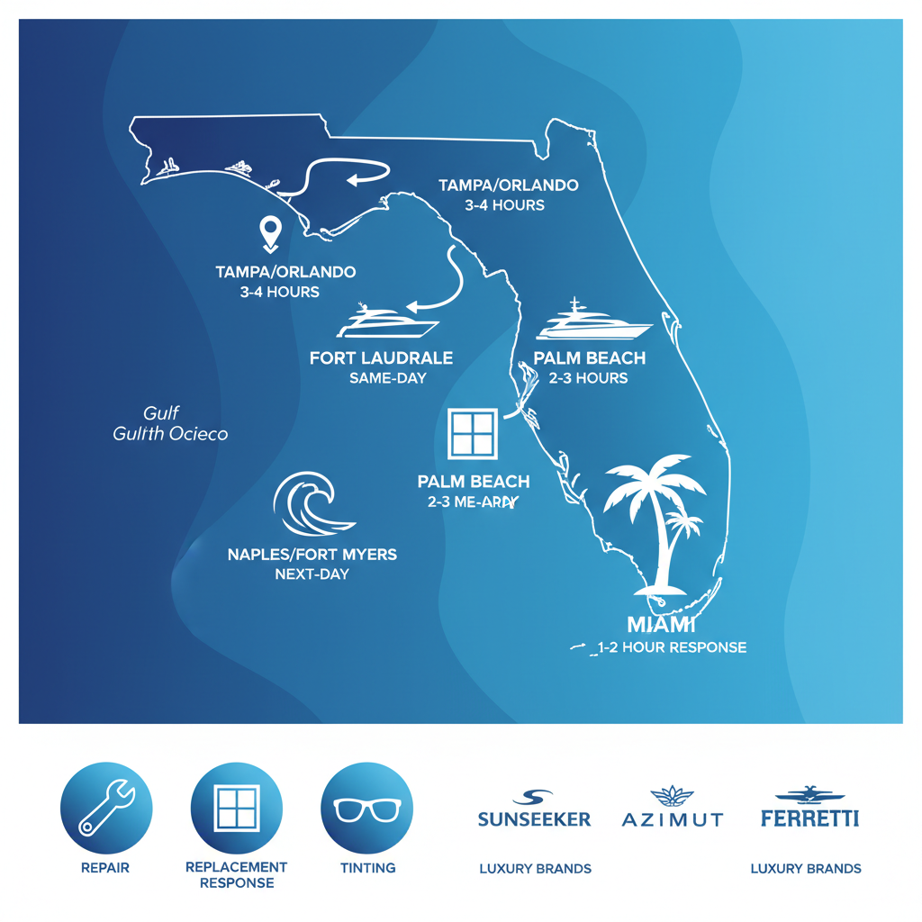 Infographic map of South Florida service areas for marine window repairs with icons and response times