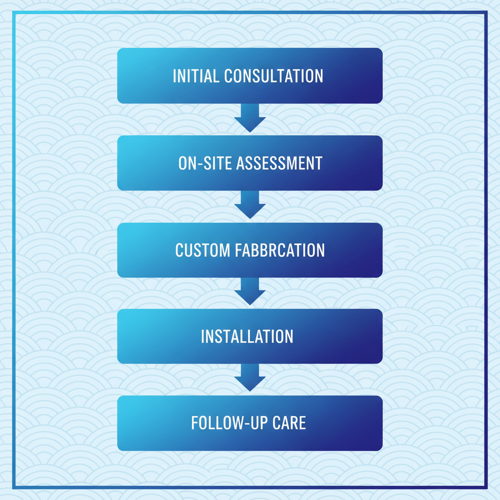 Vertical process flow diagram illustrating the five-step scheduling process for marine boat window services including consultation, assessment, fabrication, installation, and follow-up.