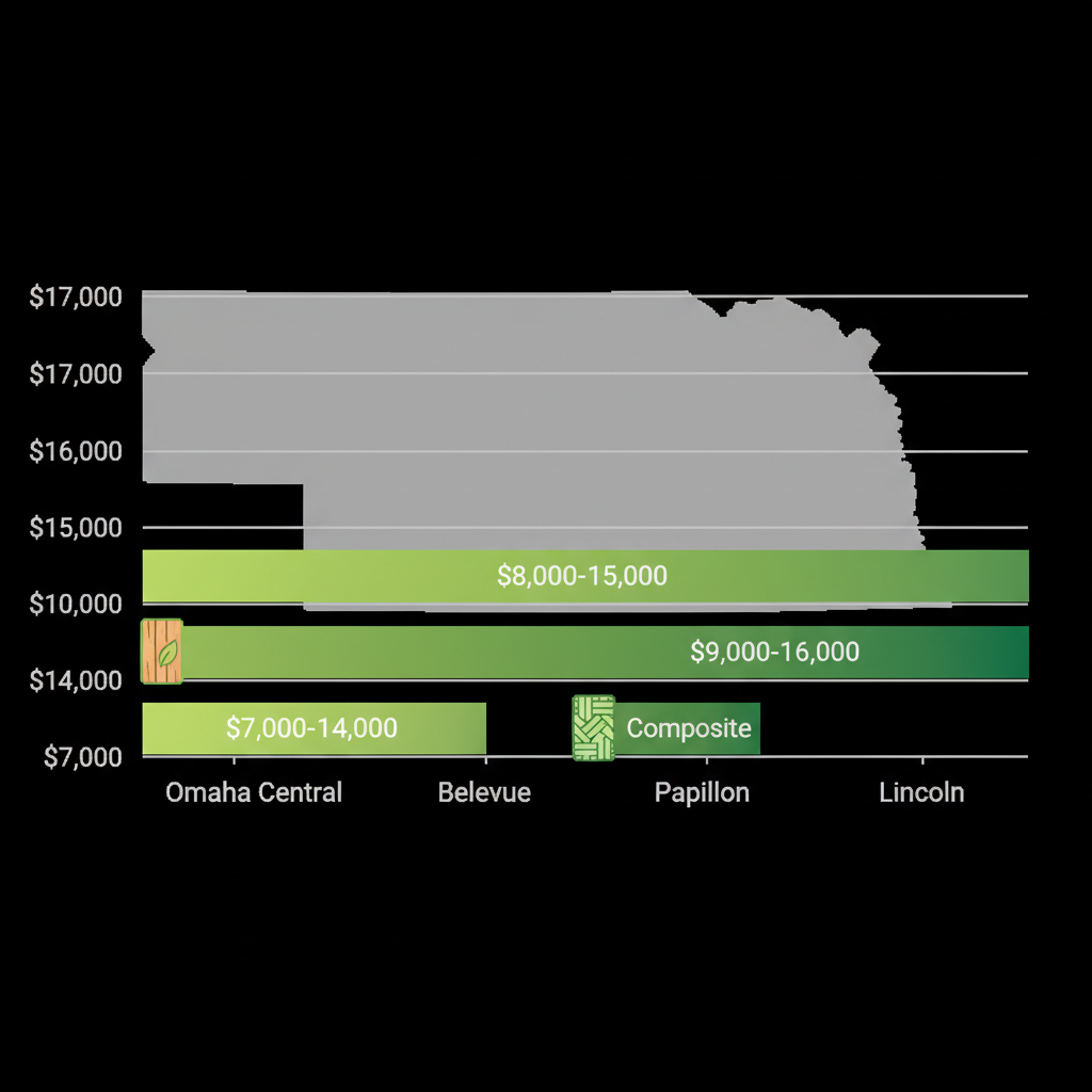 Horizontal bar chart comparing average deck project costs in Omaha metro areas including Omaha Central, Bellevue, Papillion, and Lincoln with material icons.