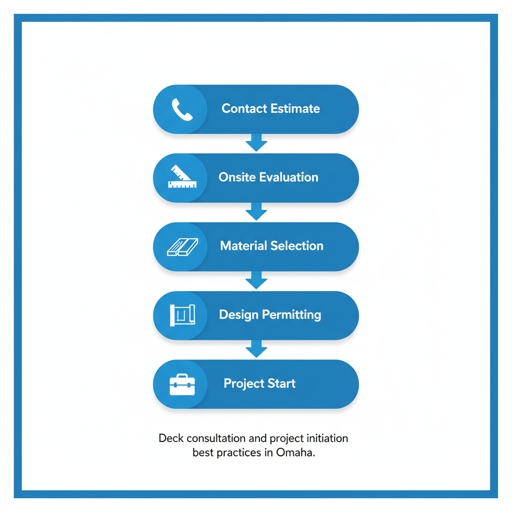 Vertical process flow diagram of five steps to start an Omaha deck project with icons and labels
