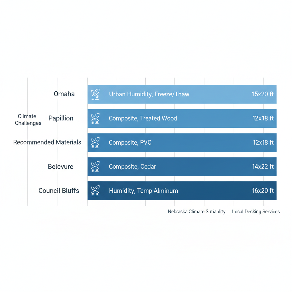 Horizontal bar chart comparing deck building considerations including climate challenges, recommended materials, and average sizes across Omaha, Papillion, Bellevue, and Council Bluffs communities