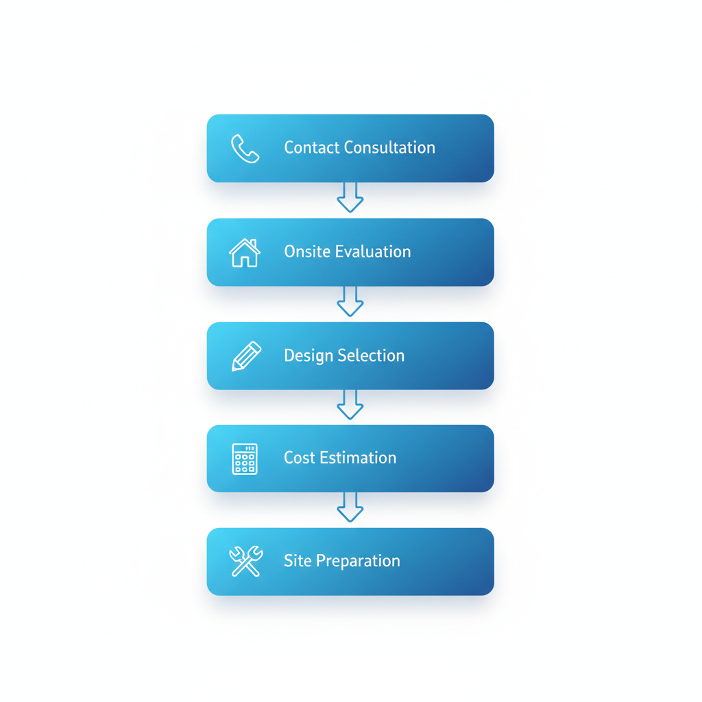Vertical process flow diagram illustrating five key steps for planning a custom deck project in Omaha