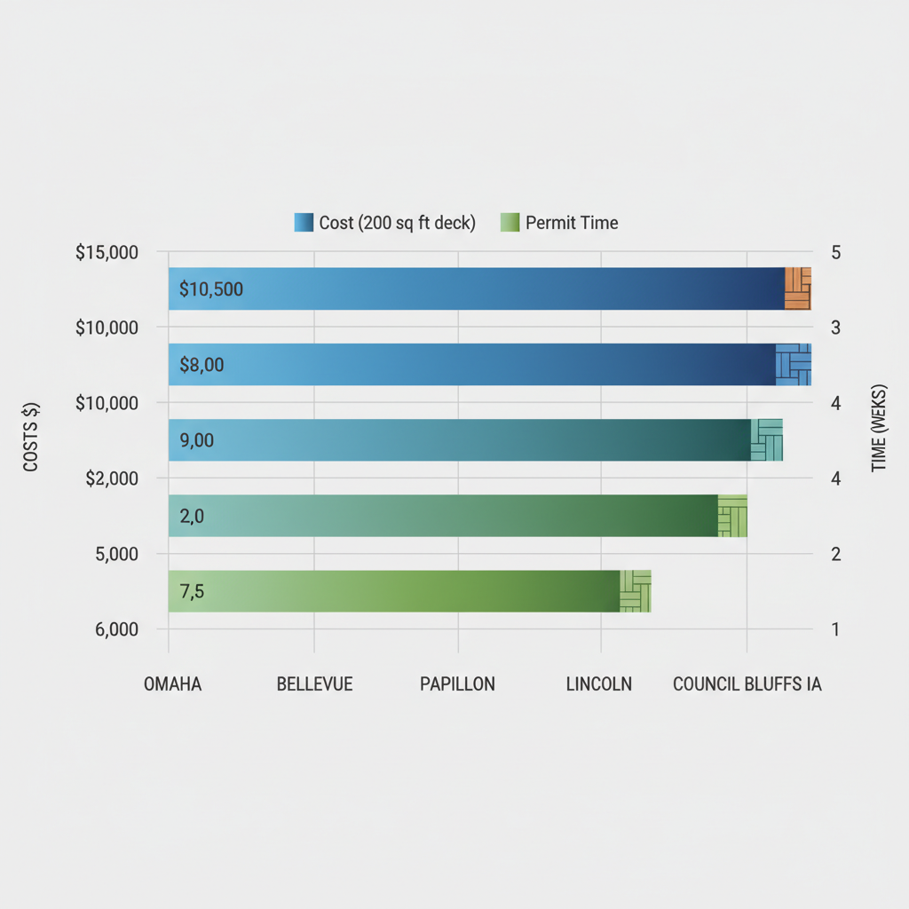 Horizontal bar chart comparing average deck costs, permit times, and materials across Omaha-area communities