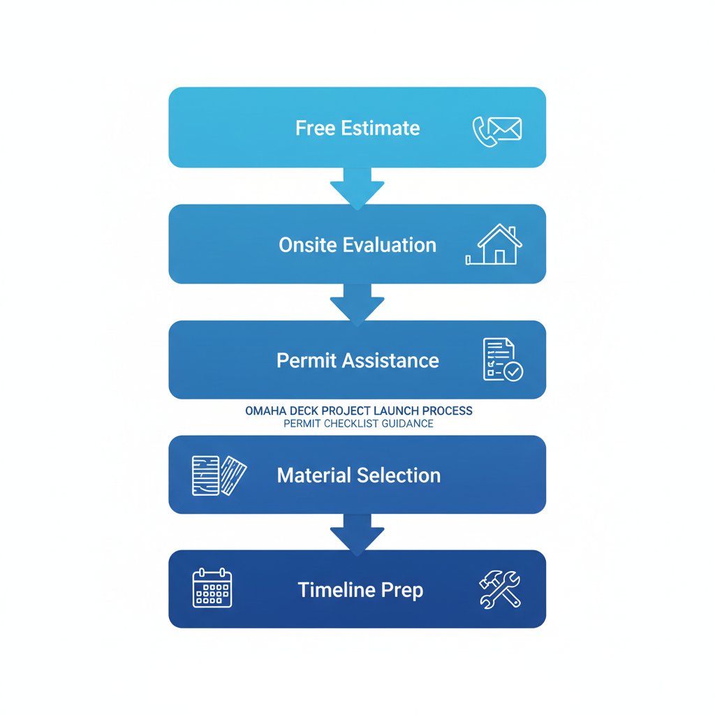 Vertical process flow diagram illustrating five steps to launch a deck project in Omaha: contact for estimate, onsite evaluation, permit assistance, material selection, and timeline preparation