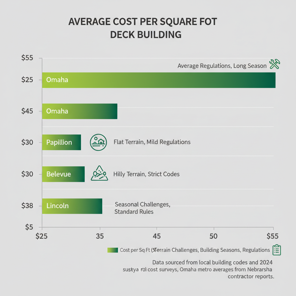 Horizontal bar chart comparing deck building costs and factors in Omaha, Papillion, Bellevue, and Lincoln areas