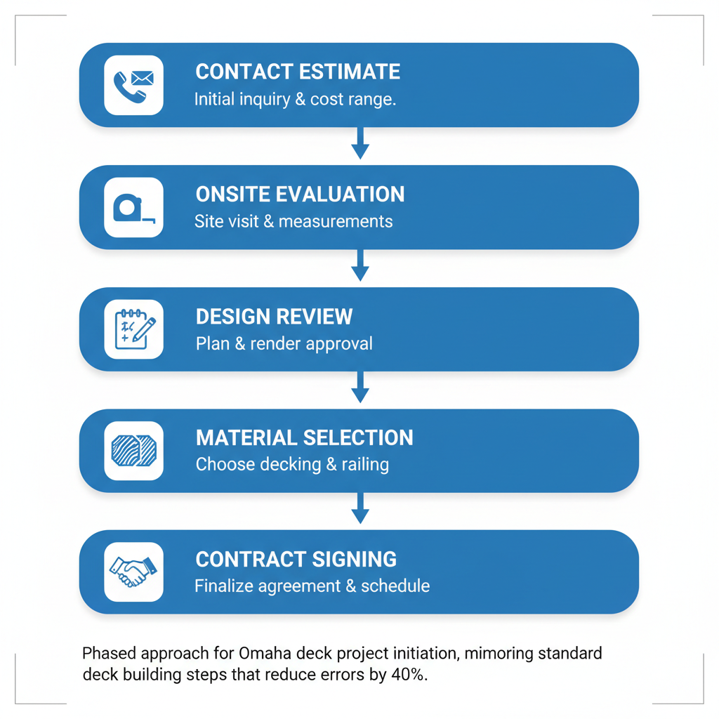 Vertical process flow diagram illustrating the five key steps to initiate an Omaha deck construction project, from contact to contract signing