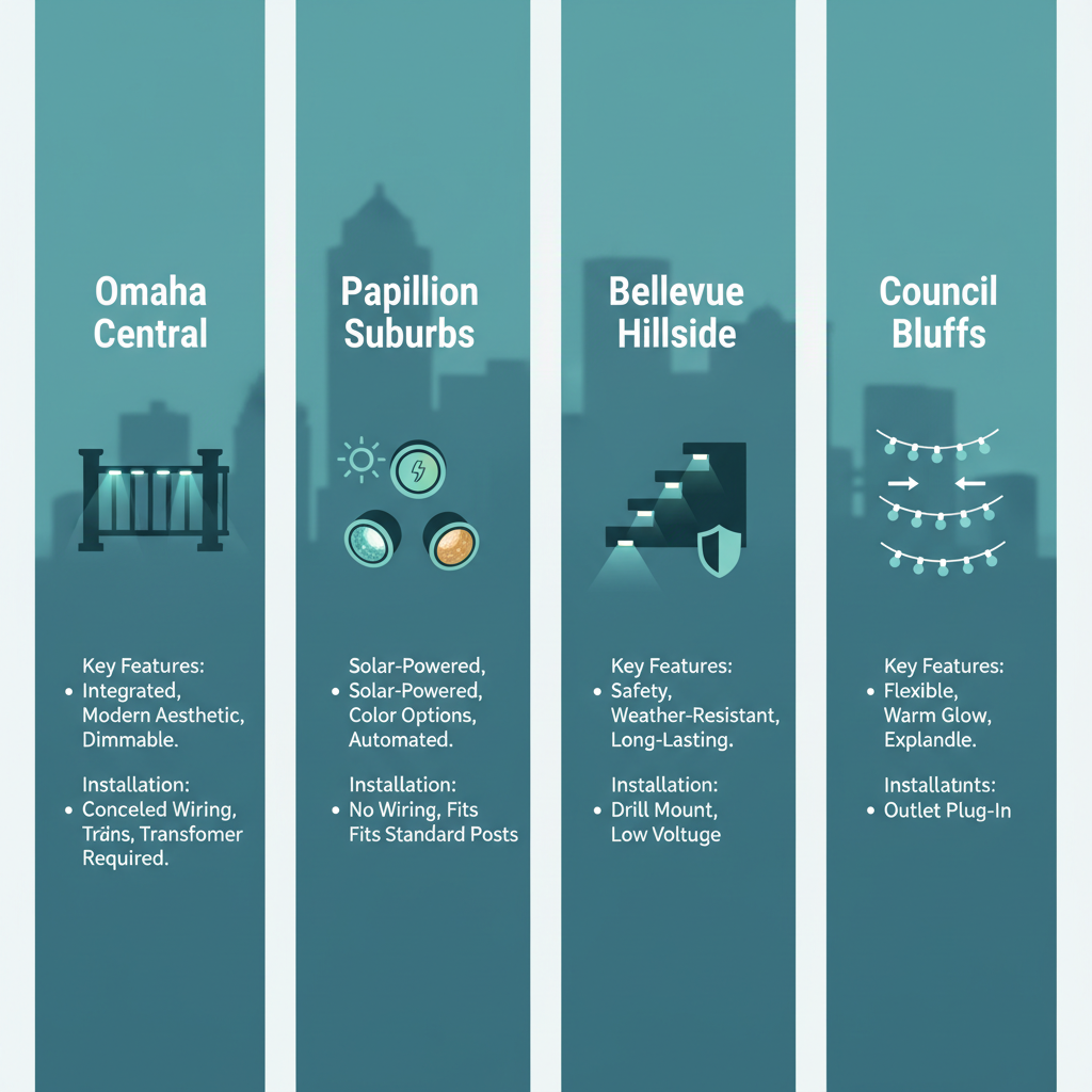 Infographic comparing deck lighting options for Omaha neighborhoods including LED Rail Lights, Post Cap Lights, Recessed Step Lights, and String Lights with key features.