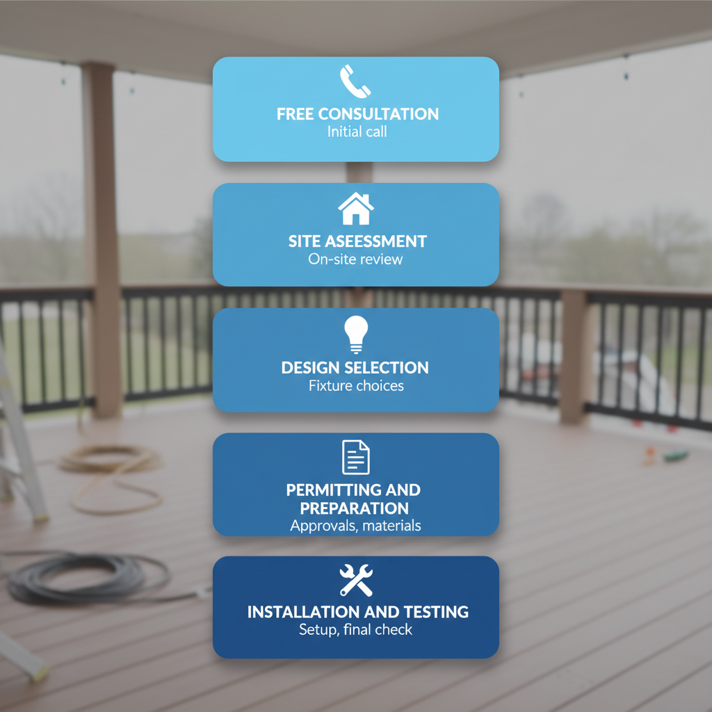 Vertical process flow diagram showing five steps for deck lighting installation with icons
