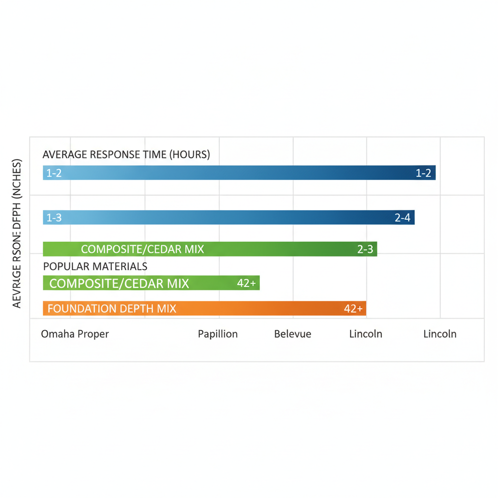 Horizontal bar chart comparing deck service metrics across Omaha metro areas including response time, materials, and foundation depth