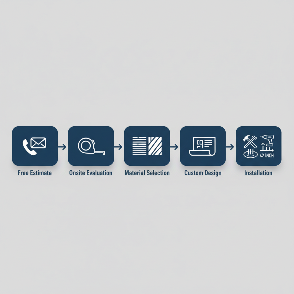 Horizontal process flow diagram illustrating five steps of deck services from free estimate to installation by Big Pine Decks in Omaha.