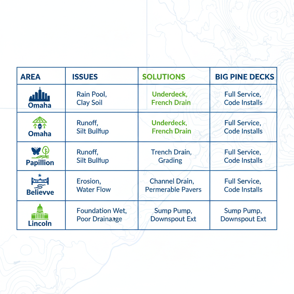 Accessibility table comparing deck drainage challenges and solutions in Omaha areas including Omaha, Papillion, Bellevue, and Lincoln