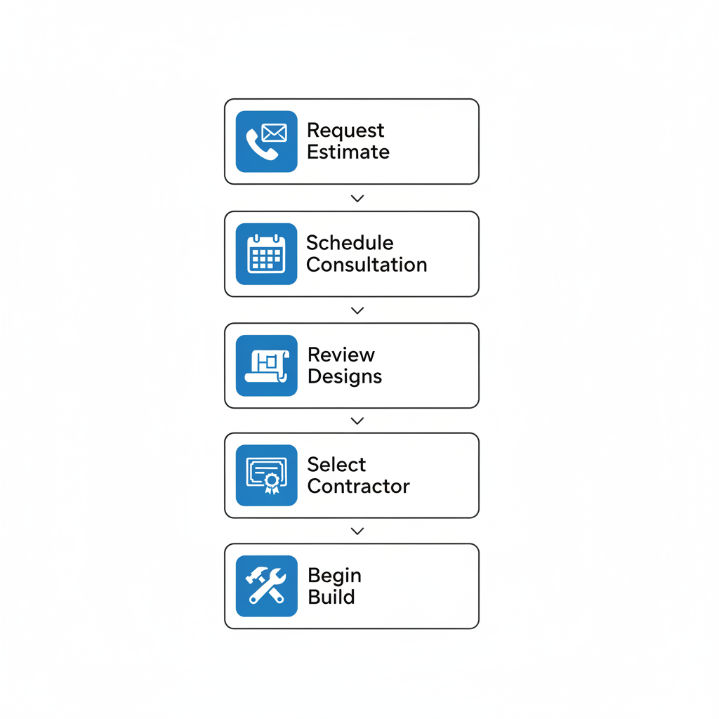 Vertical process flow diagram showing five steps for starting an Omaha deck project with icons and labels