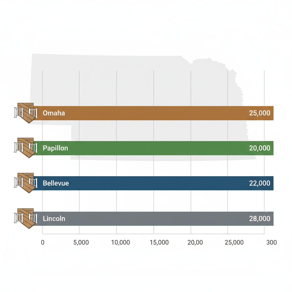 Bar chart comparing average deck construction costs in Omaha, Papillion, Bellevue, and Lincoln areas for 2024
