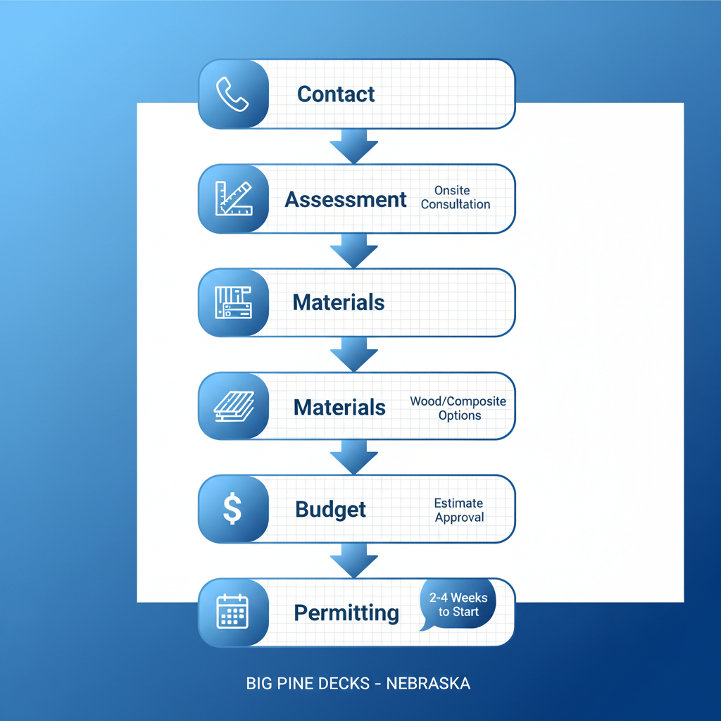 Visual diagram of five key steps to start a deck construction project, including contact, assessment, material selection, budgeting, and permitting.