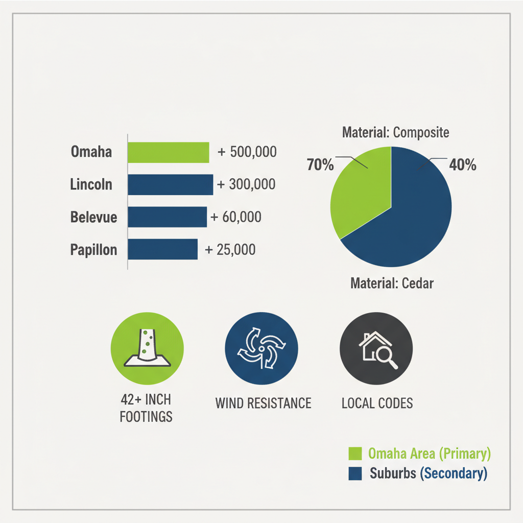 Infographic comparing deck building populations and materials across Omaha region communities