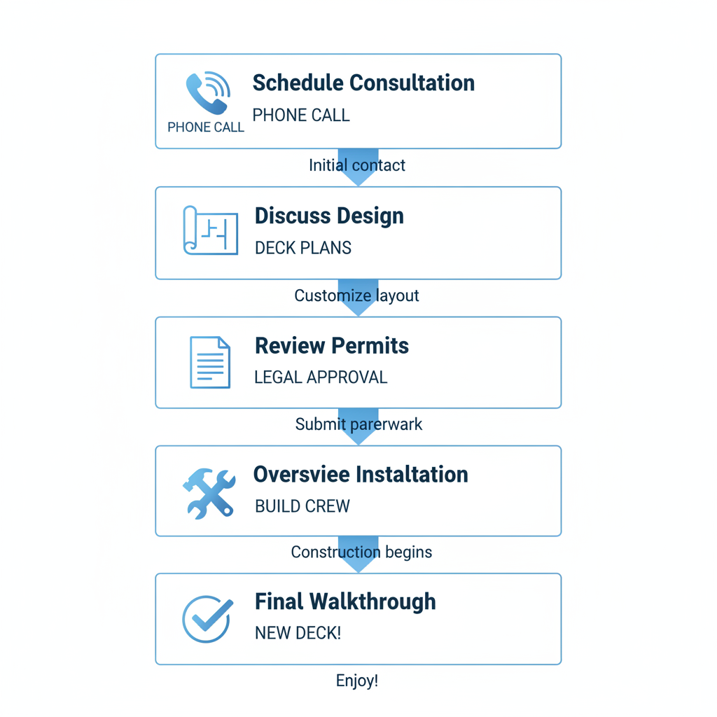Vertical process flow diagram showing five steps to build a dream deck with local experts