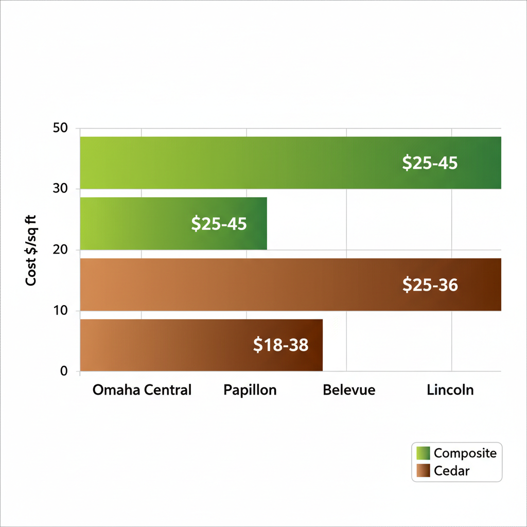 Horizontal bar chart comparing average composite and cedar deck building costs per square foot across Omaha neighborhoods including Central, Papillion, Bellevue, and Lincoln.