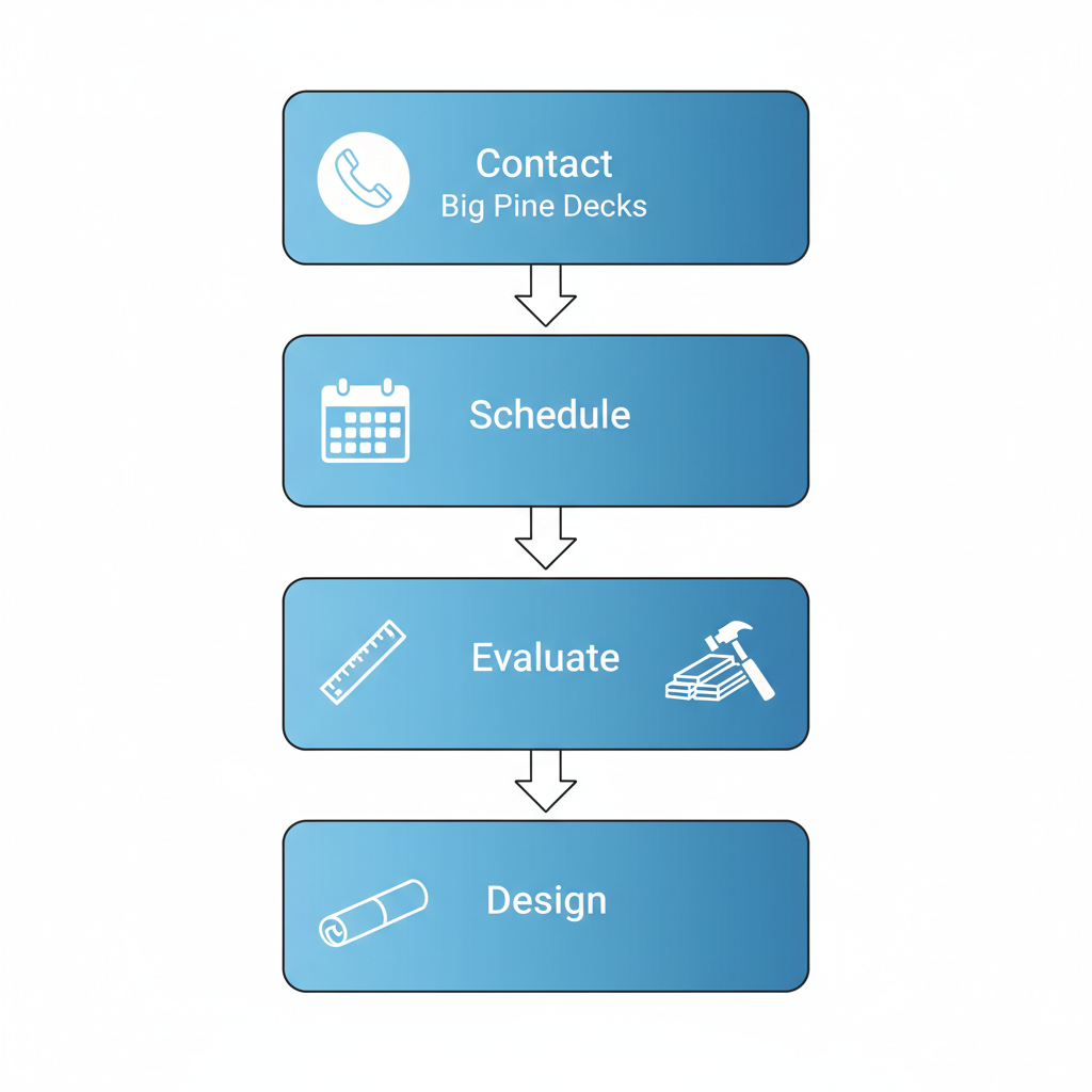 Vertical process flow illustrating five steps to start a deck project in Omaha