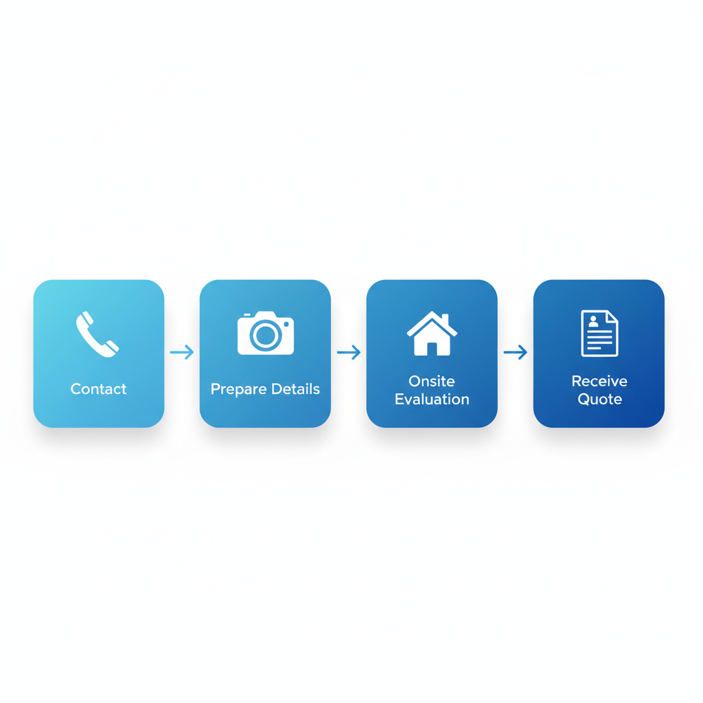 Horizontal process flow diagram showing four steps to request a free deck quote from Big Pine Decks: contact via phone or email with phone icon, prepare site details and photos with camera icon, onsite consultation and evaluation with house icon, receive detailed quote with document icon.