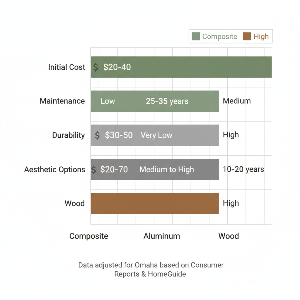 Horizontal bar chart comparing deck railing materials: costs, maintenance, durability, and aesthetics for composite, aluminum, and wood in Omaha