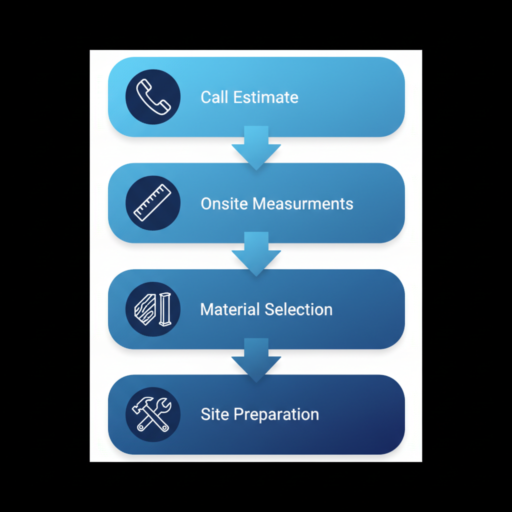 Vertical flowchart showing four steps to start a deck railing project in Omaha: call for estimate, onsite measurements, material selection, and site preparation.