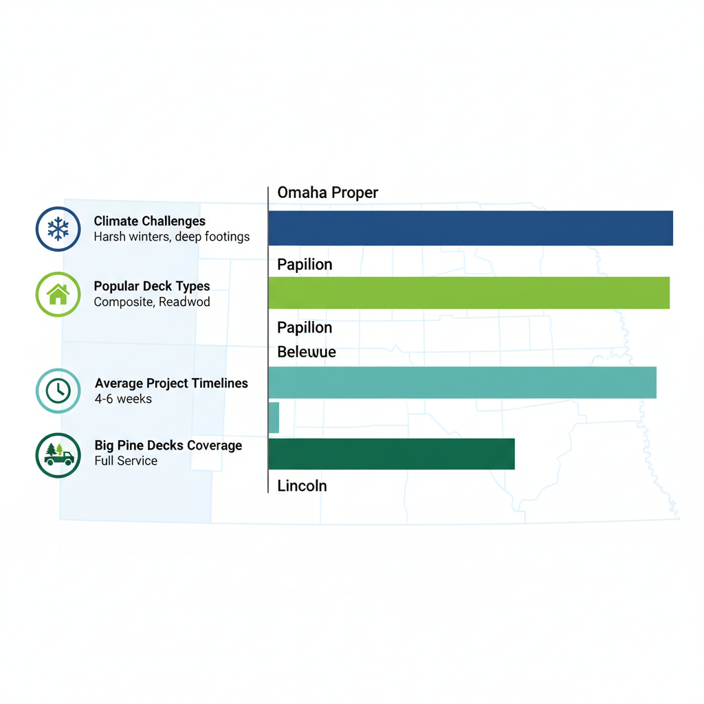 Infographic comparing deck building factors including climate, types, timelines, and coverage across Omaha, Papillion, Bellevue, and Lincoln areas