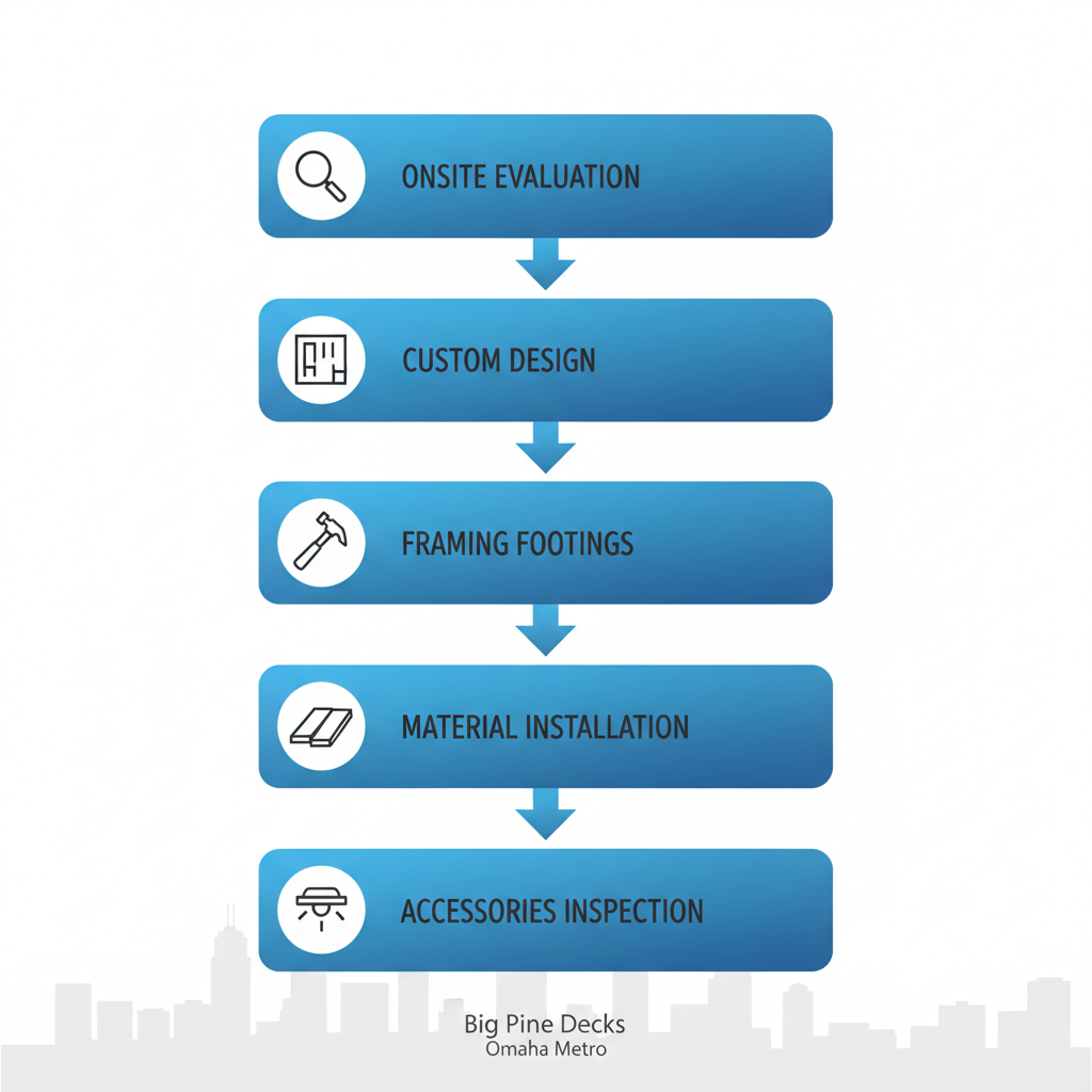 Vertical process flow diagram of Big Pine Decks' five-stage deck construction process: onsite evaluation, custom design, framing with footings, material installation, and accessories with final inspection.