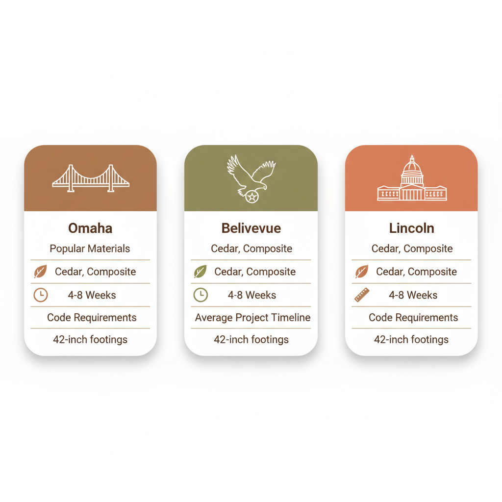 Infographic comparing deck building materials, timelines, and code requirements in Omaha, Bellevue, and Lincoln