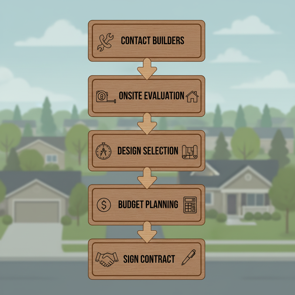 Horizontal process flow diagram illustrating five steps to start a custom wood deck project in Omaha