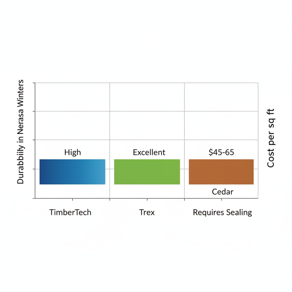 Bar chart comparing durability and costs of TimberTech, Trex, and cedar deck materials for Omaha decks
