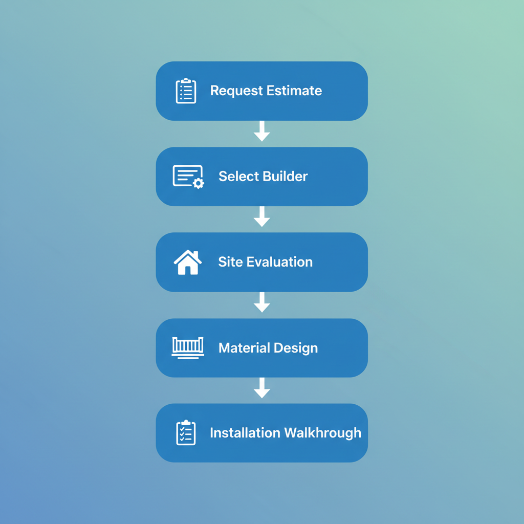 Vertical process flow diagram showing five steps to begin a TimberTech deck project in Omaha