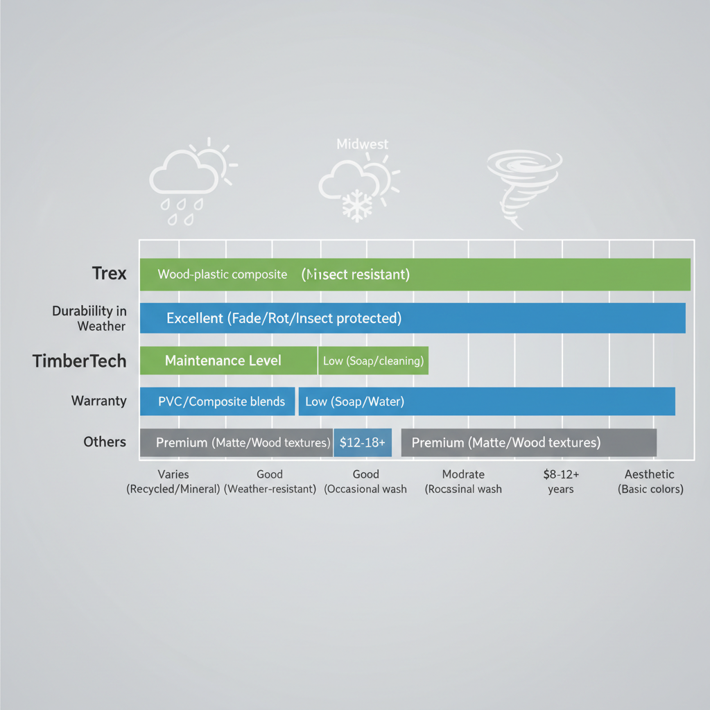 Horizontal bar chart comparing features of Trex, TimberTech, and other composite decking materials including durability, maintenance, warranty, and cost for Omaha homes.