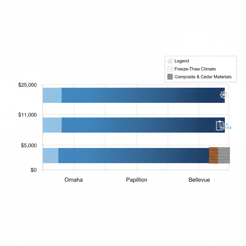 Horizontal bar chart comparing deck building costs in Omaha, Papillion, and Bellevue, including climate and material icons.