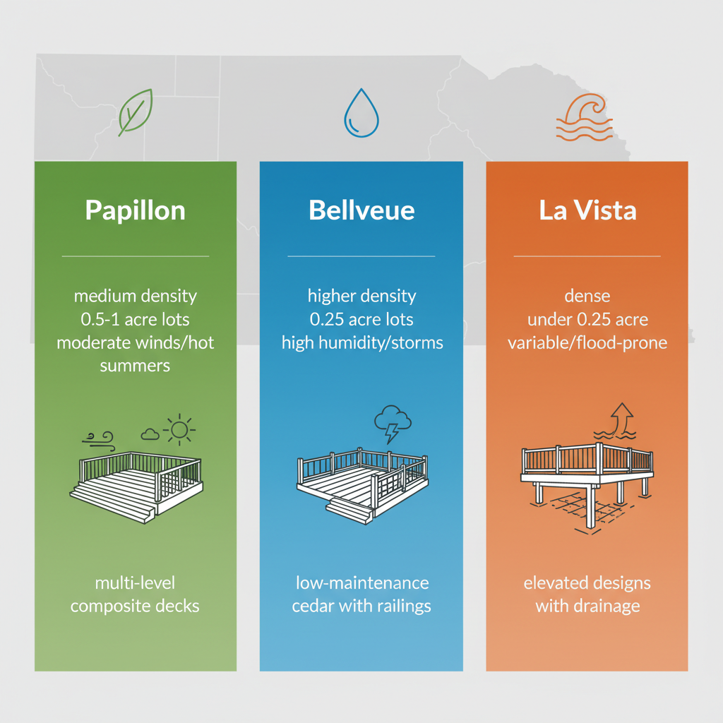 Infographic comparing deck building factors like population density, backyard size, weather, and popular styles in Papillion, Bellevue, and La Vista areas of Sarpy County