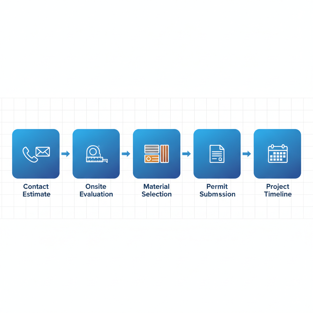 Horizontal process flow diagram illustrating five steps to launch a deck project in Sarpy County with icons and labels