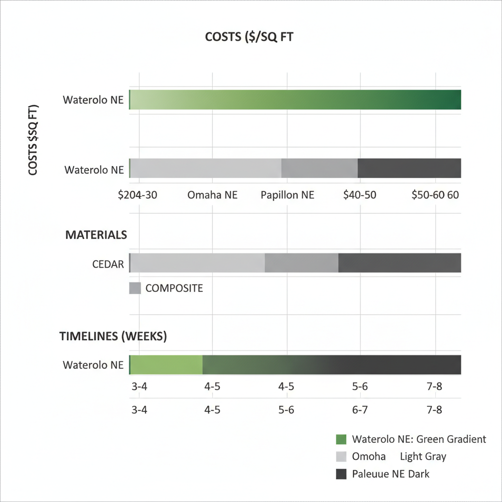 Horizontal bar chart comparing deck costs, materials, and timelines in Nebraska areas including Waterloo, Omaha, Papillion, and Bellevue.