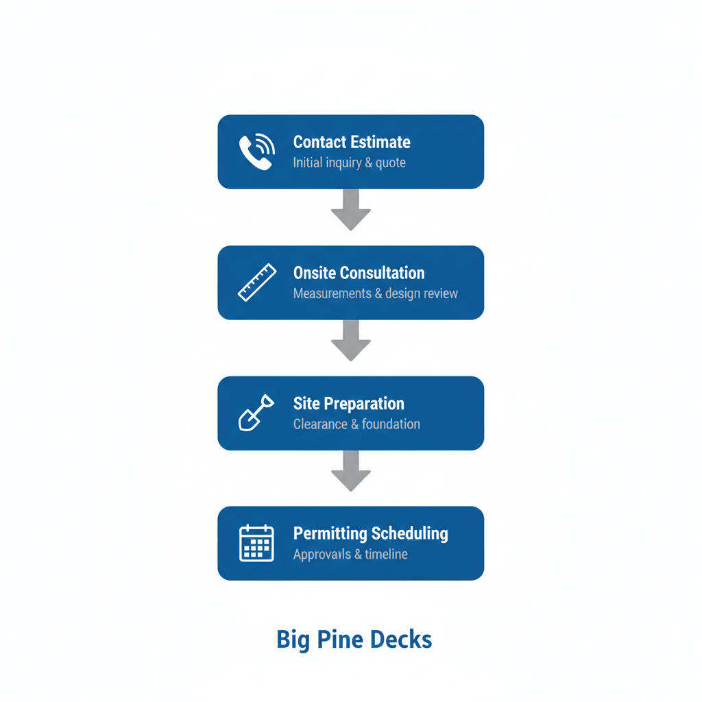 Vertical process flow illustrating four steps to launch a deck project: contact for estimate, onsite consultation, site preparation, and permitting scheduling.