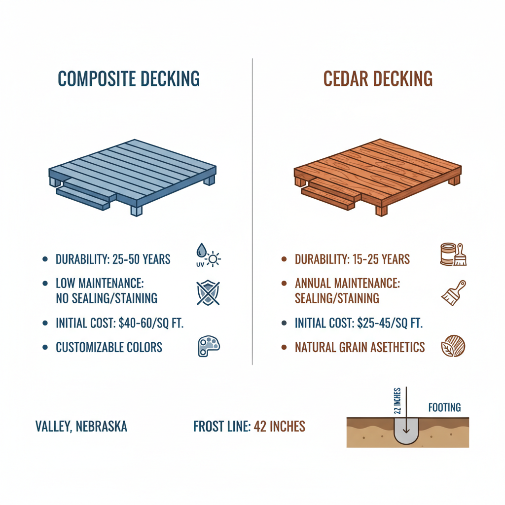 Infographic comparing composite and cedar decking materials for Valley, Nebraska homes, highlighting durability, maintenance, costs, and aesthetics with icons and metrics.