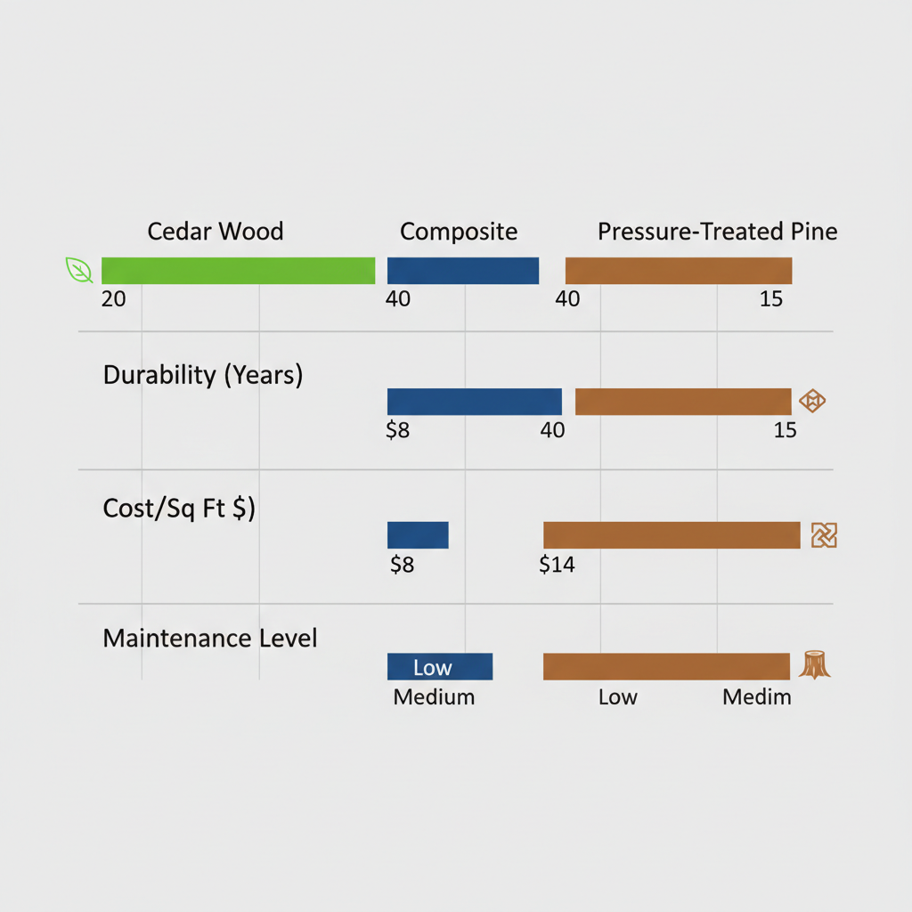 Horizontal bar chart comparing durability, cost, and maintenance of cedar wood, composite, and pressure-treated pine deck materials for Council Bluffs climate