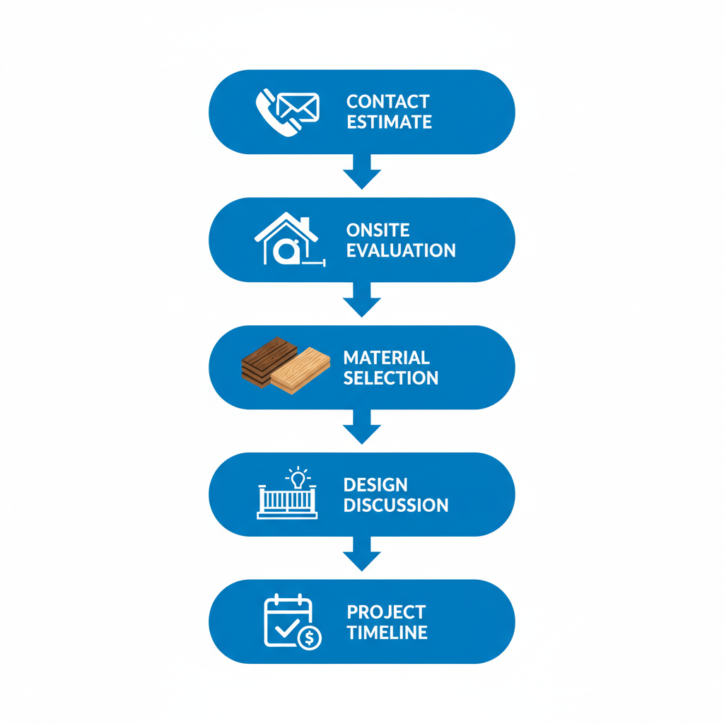 Vertical process flow diagram showing five steps to begin a deck project: contact, evaluation, material selection, design, and timeline