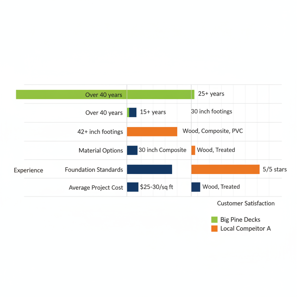 Horizontal bar chart comparison of top deck builders in Bellevue NE by experience, foundation standards, material options, project cost, and customer satisfaction