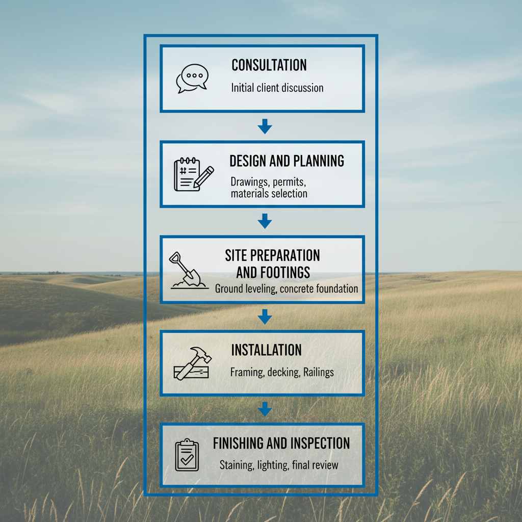 Process flow diagram of five stages in custom deck construction: consultation, design and planning, site preparation, installation, and finishing inspection.